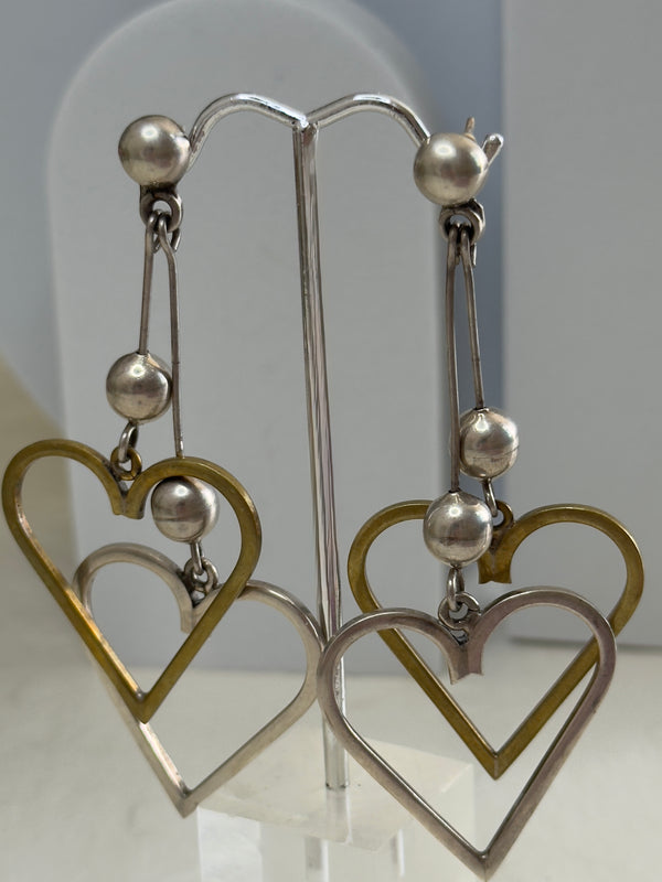 Vintage Estate Sterling Silver Taxco Mexico Heart Dangle Earrings