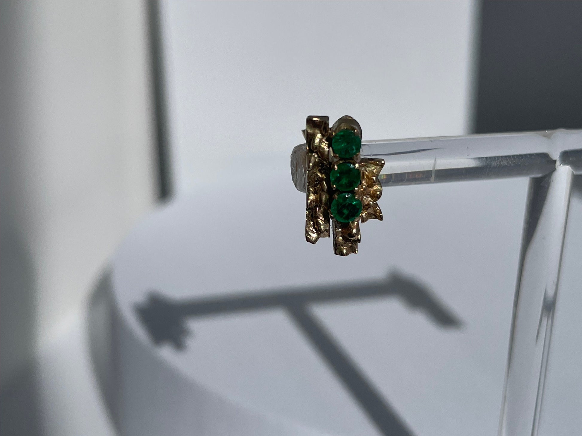 Vintage 10k gold brutalist modernist earrings with emeralds and diamonds, textured sculptural design converted from screw-backs to posts
