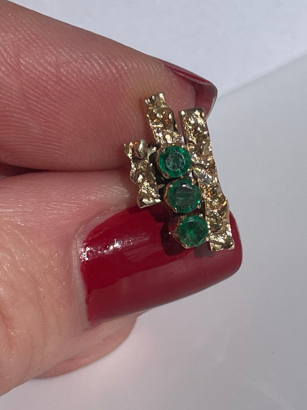 Emerald and 10k Gold Brutalist Earrings Vintage Estate