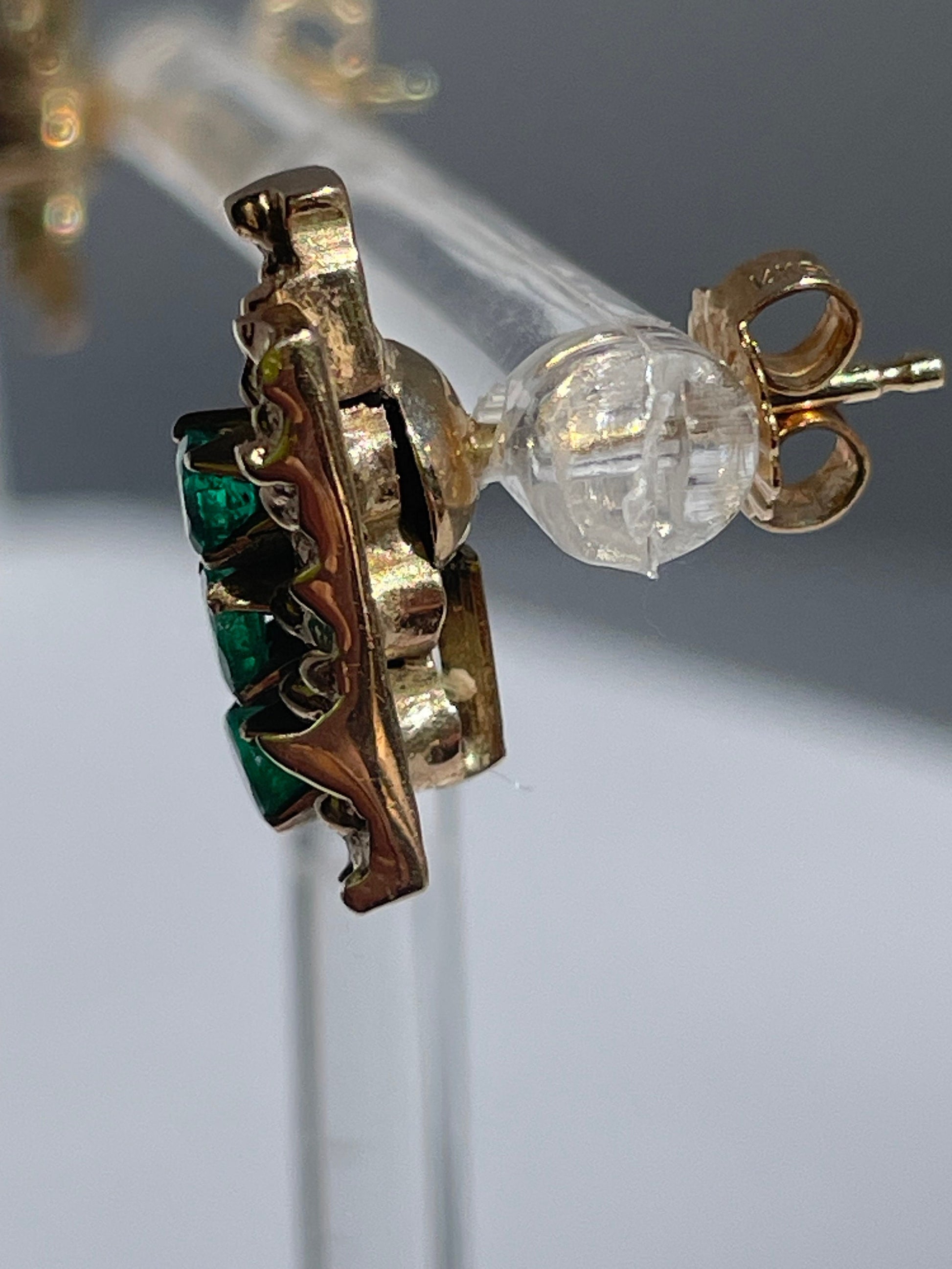 Vintage 10k gold brutalist modernist earrings with emeralds and diamonds, textured sculptural design converted from screw-backs to posts
