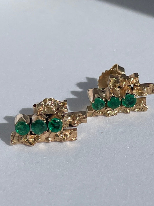 Vintage 10k gold brutalist modernist earrings with emeralds and diamonds, textured sculptural design converted from screw-backs to posts
