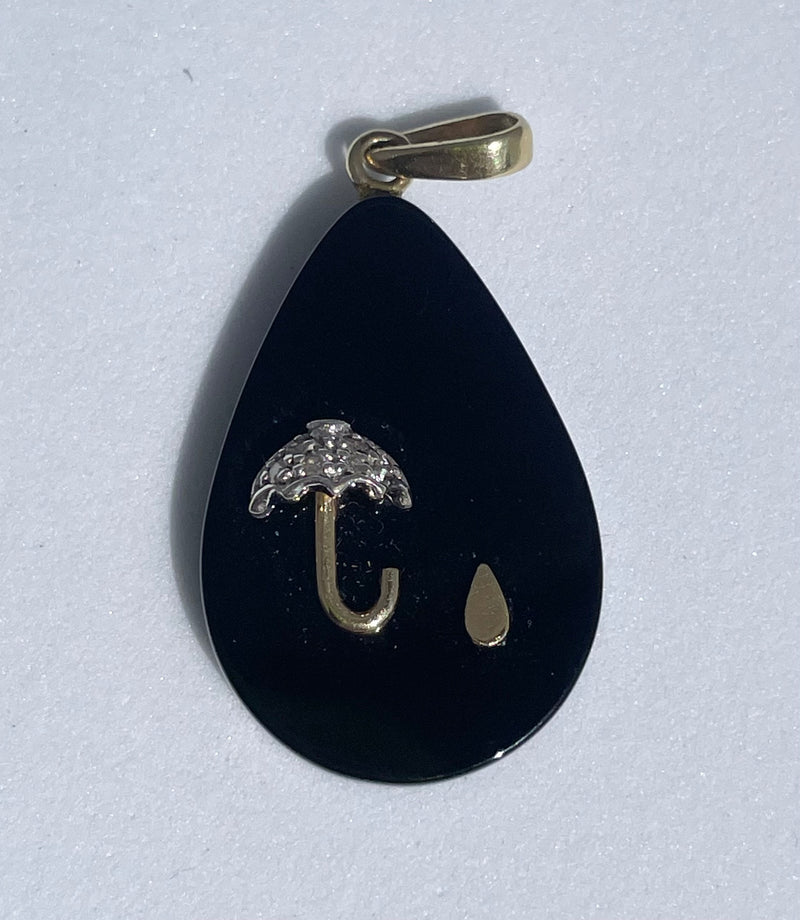 Vintage Estate 14k Gold, Onyx and Diamond Umbrella and Rain Pendant