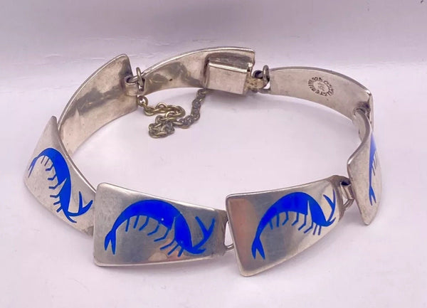 Vintage Mexican Enamel Cobalt Blue Shrimp Sterling Silver Panel Bracelet Taxco