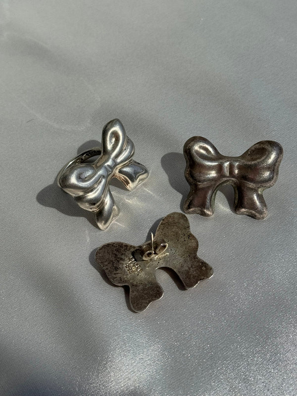 Vintage Sterling Silver Big Bow Earrings and Ring Set Taxco