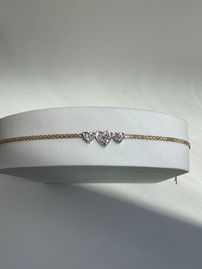 Vintage Estate Three Heart Anklet in 14k Gold and Diamonds