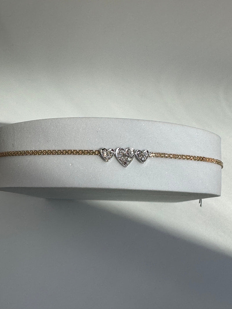 Vintage Estate Three Heart Anklet in 14k Gold and Diamonds