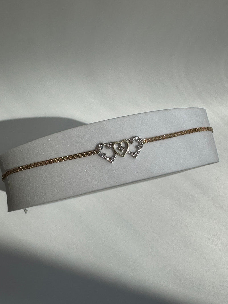 Vintage Estate Deadstock Three Heart Anklet in 14k and Diamonds