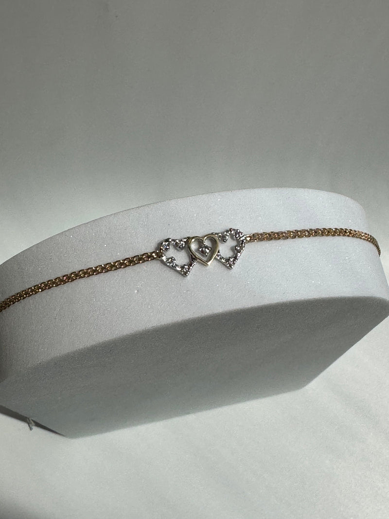 Vintage Estate Deadstock Three Heart Anklet in 14k and Diamonds