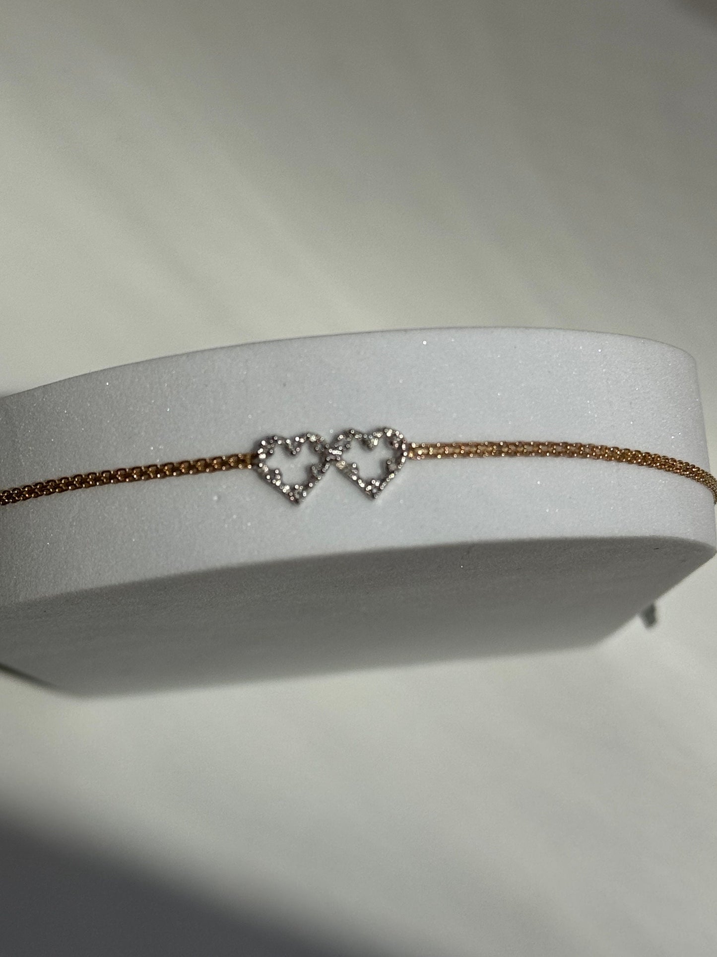 Vintage Estate Deadstock White & Yellow Gold Double Heart Anklet in 14k and Diamonds