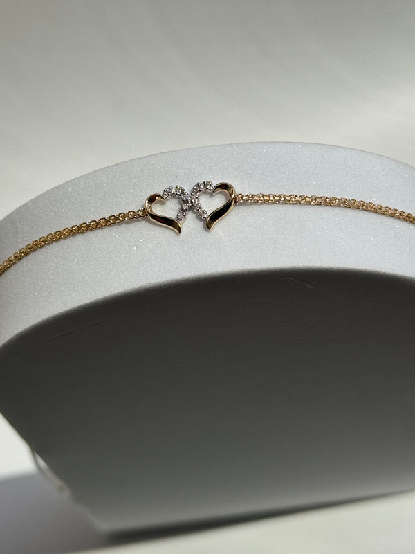 Vintage Estate Deadstock White Double Heart Anklet in 14k and Diamonds