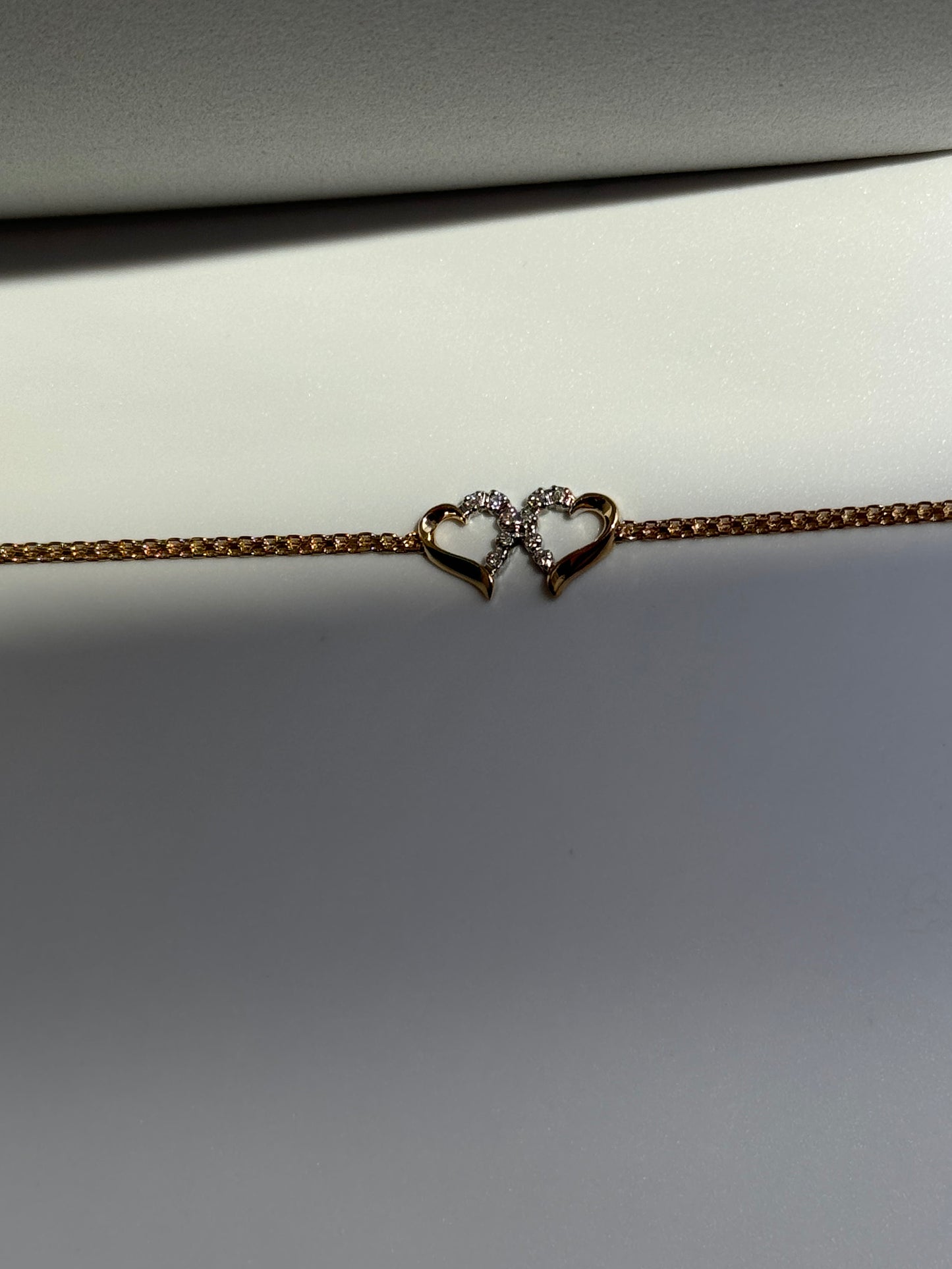 Vintage Estate Deadstock White Double Heart Anklet in 14k and Diamonds