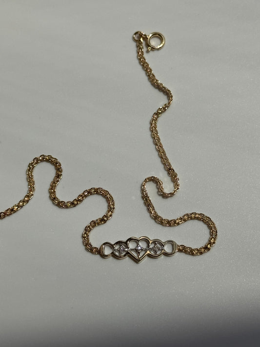 Vintage Estate Deadstock Heart Anklet in 14k and Diamonds