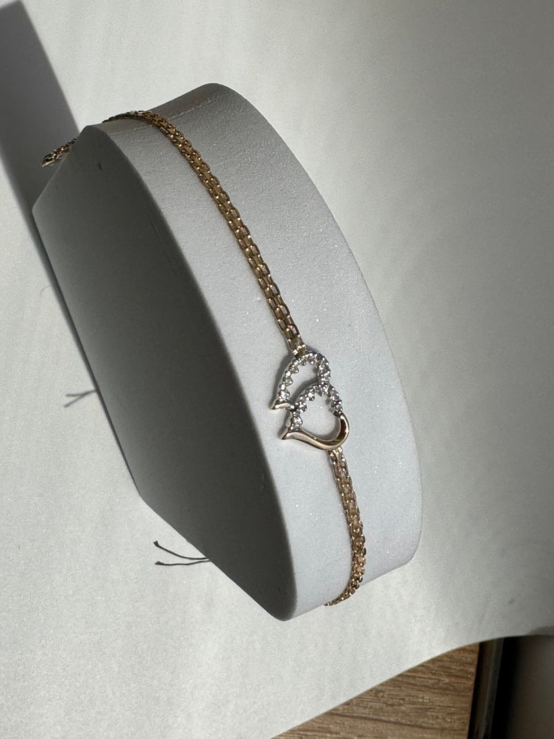 Vintage Estate Deadstock Double Heart Anklet in 14k and Diamonds