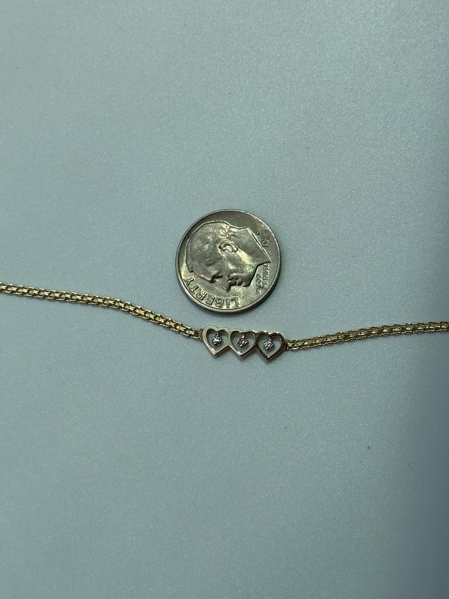 Vintage Estate Deadstock Tiny Three Heart Anklet in 14k Gold and Diamonds