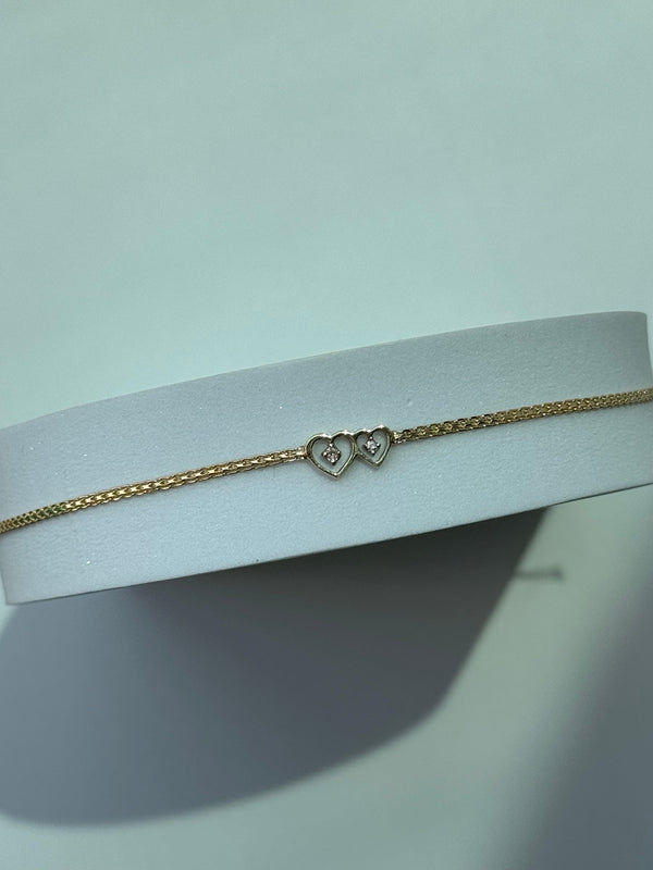 Vintage Estate Deadstock White Gold Two Hearts Anklet in 14k and Diamonds