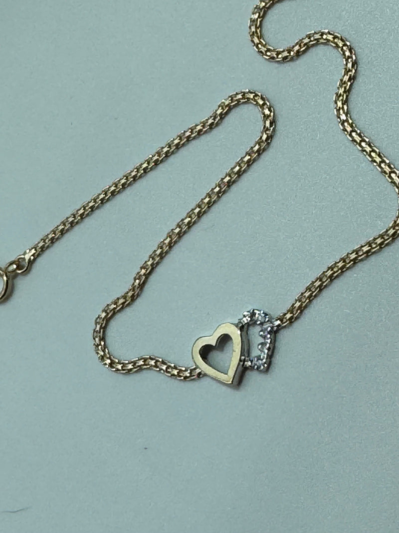 Vintage Estate Deadstock White & Yellow Gold Double Hearts Anklet in 14k and Diamonds