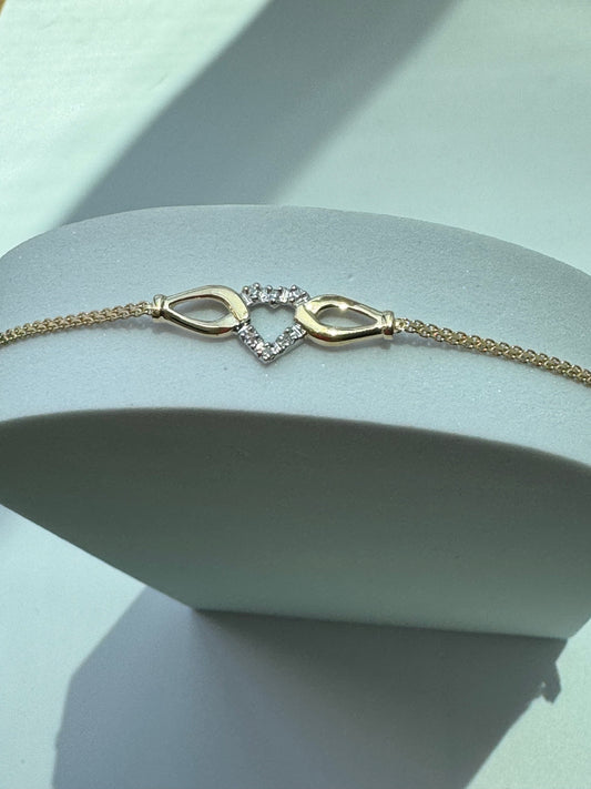Vintage Estate Deadstock Heart and Ribbon Anklet in 14k and Diamonds