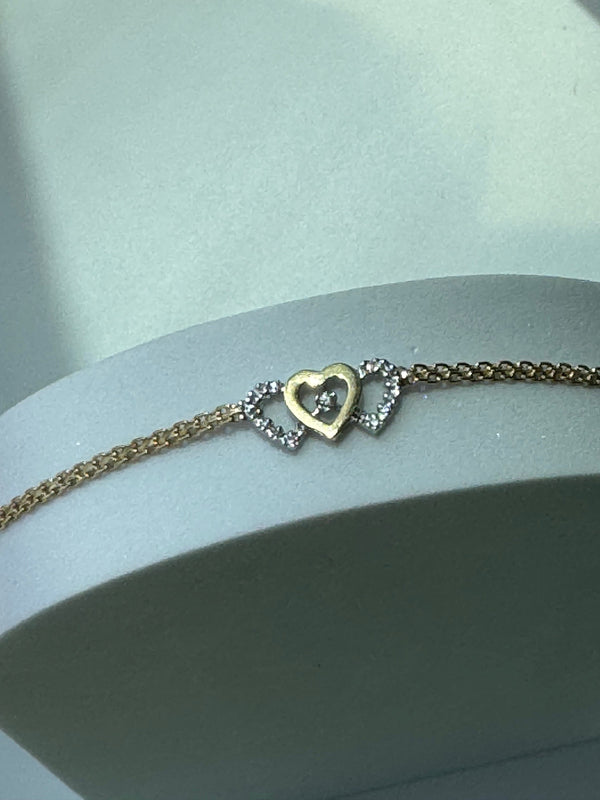 Vintage Estate Deadstock Trio Three Heart Anklet in 14k Gold and Diamonds