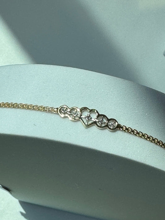 Vintage Estate New Old Stock Delicate Heart Anklet in 14k and Diamonds