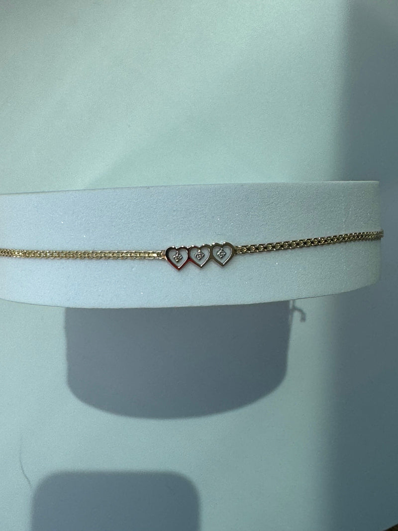 Vintage Estate Deadstock Tiny Four Heart Anklet in 14k Gold and Diamonds