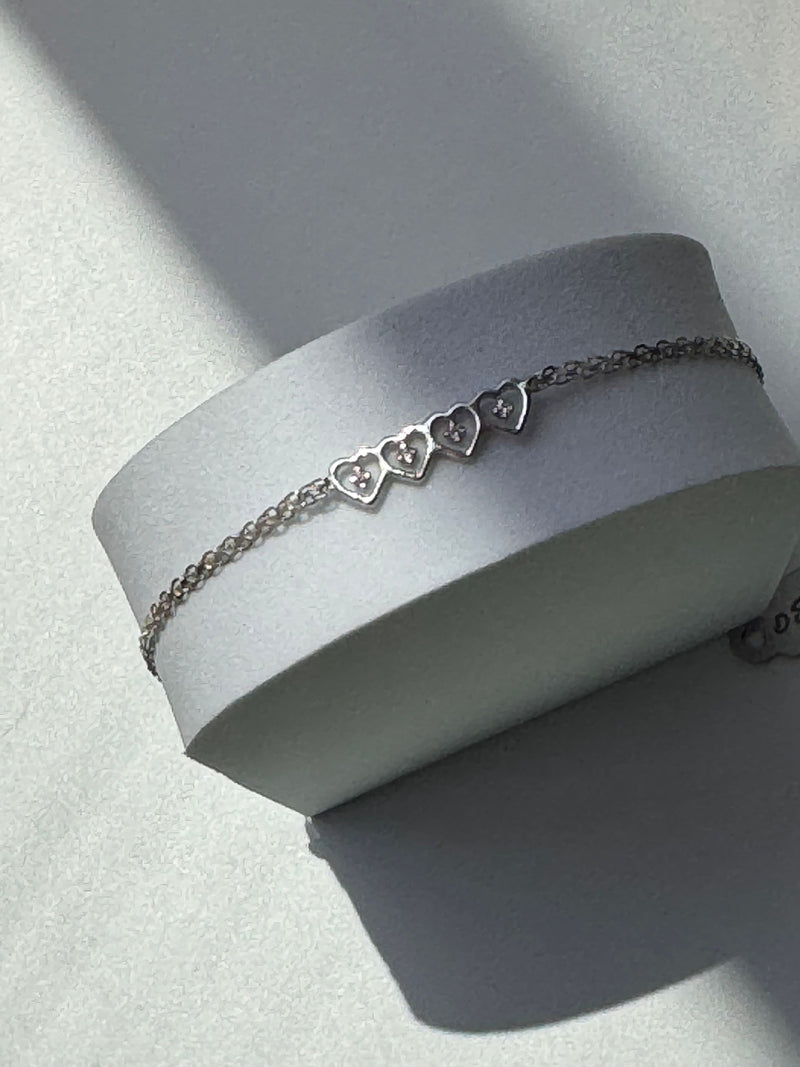 Vintage Estate Deadstock White Gold Four Tiby Hearts Anklet in 14k and Diamonds