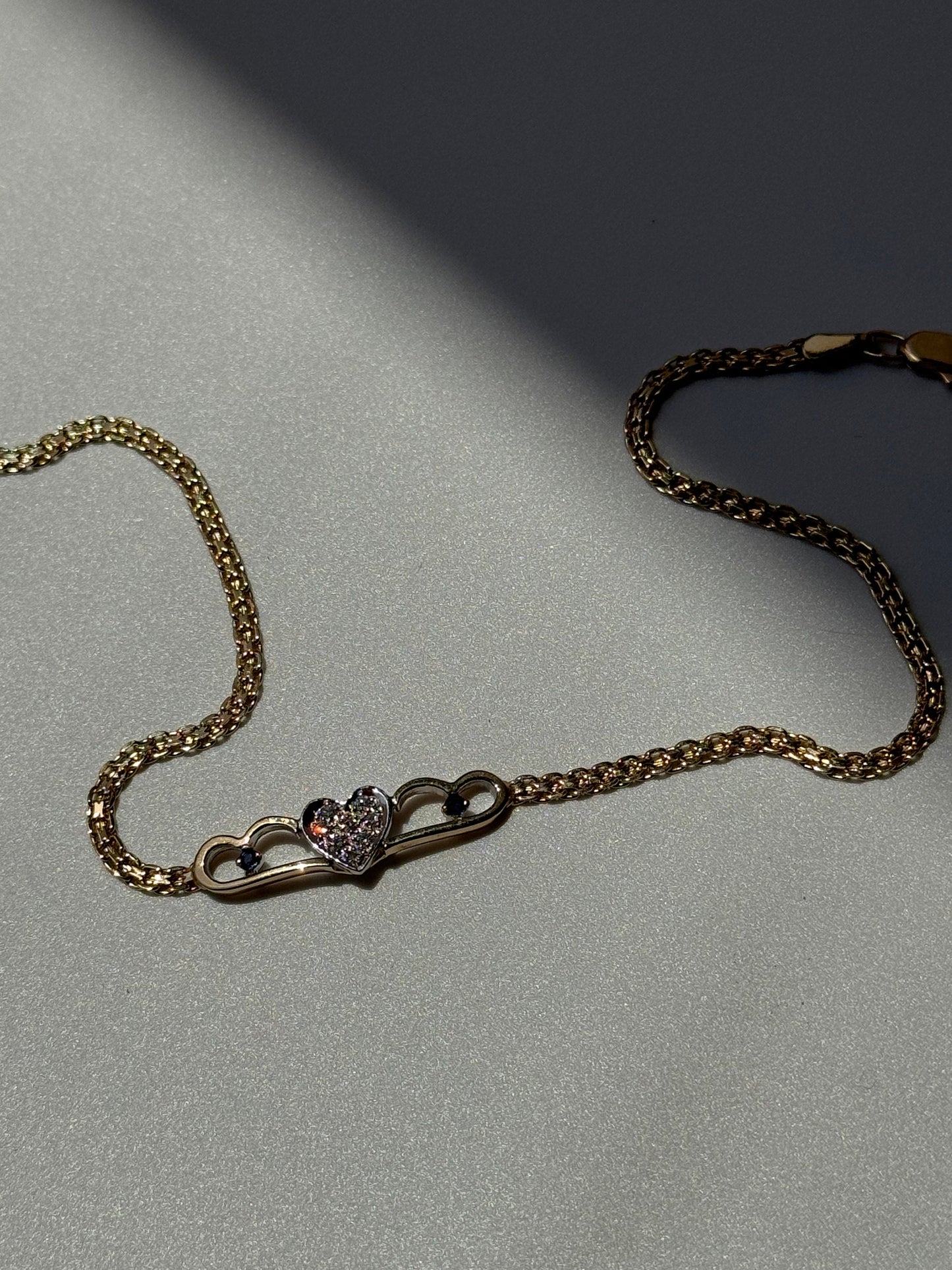 Vintage 1990’s Heart Anklet 14k Sapphire and Diamonds New Old Stock