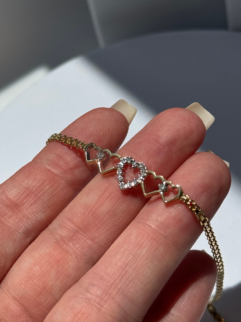 Vintage 1990 Deadstock Row of Hearts Anklet in 14k and Diamonds