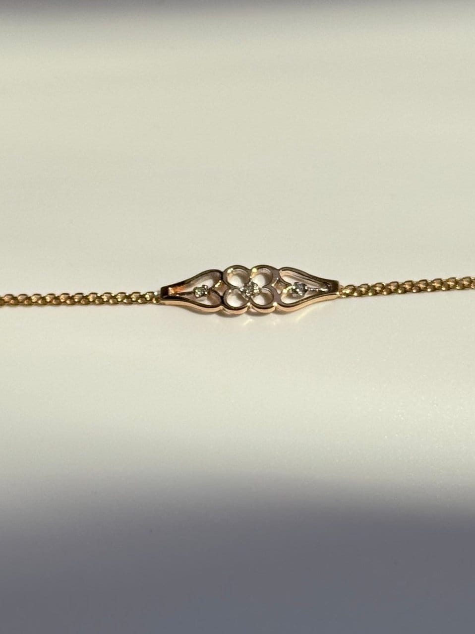 Vintage 1990 Delicate Four Leaf Clover and Hearts Anklet in 14k and Diamond Deadstock