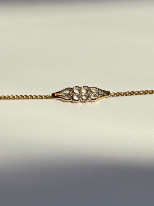 Vintage 1990 Delicate Four Leaf Clover and Hearts Anklet in 14k and Diamond Deadstock
