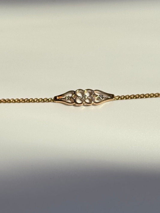 Vintage 1990 Delicate Four Lwaf Clover Anklet in 14k and Diamond Deadstock