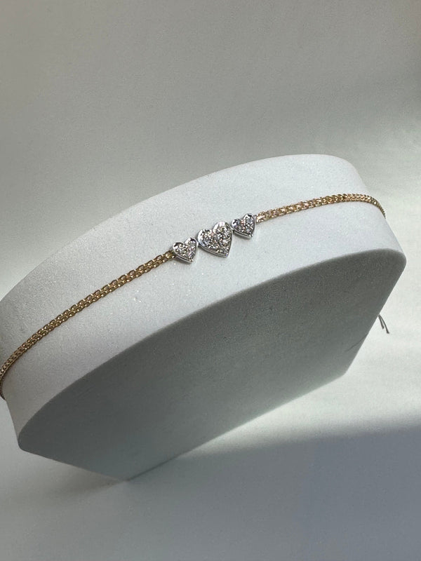 Vintage Estate Three Heart Anklet in 14k Gold and Diamonds