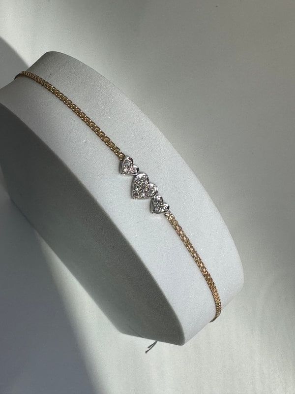 Vintage Estate Three Heart Anklet in 14k Gold and Diamonds