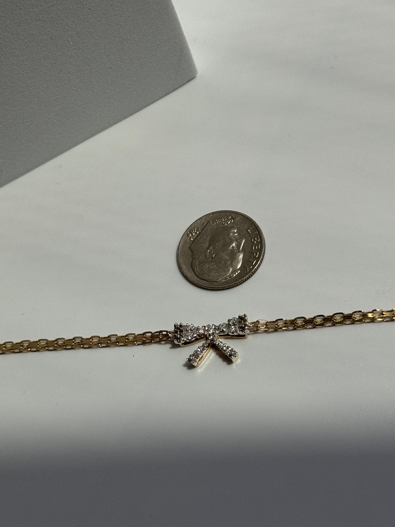 Vintage Estate Deadstock Small Bow Anklet in 14k and Diamonds