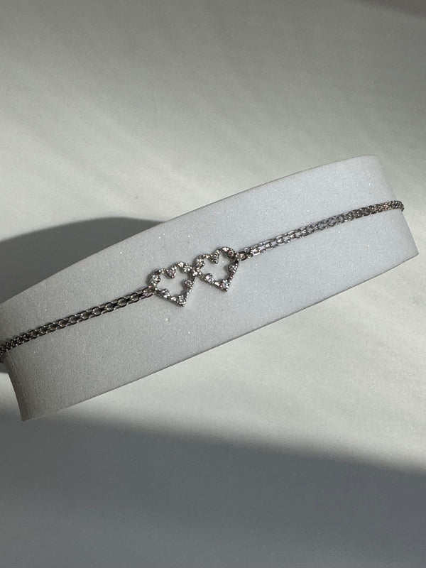 Vintage Estate Deadstock White Gold Double Heart Anklet in 14k and Diamonds