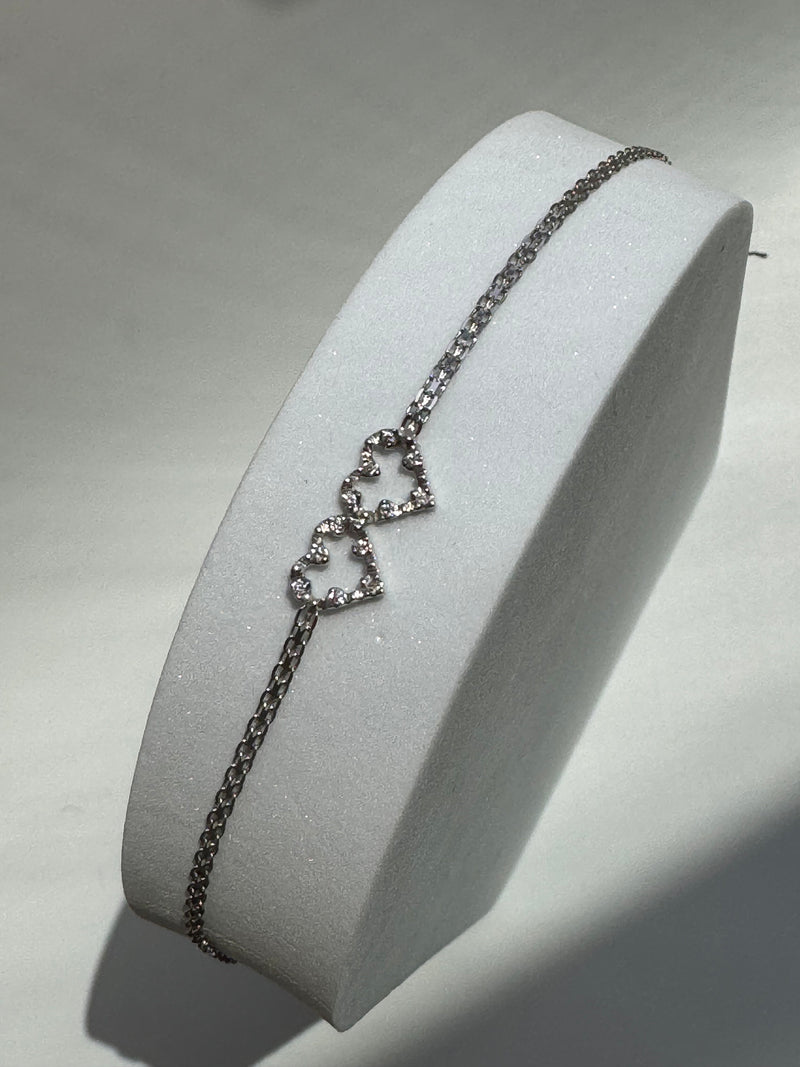 Vintage Estate Deadstock White Gold Double Heart Anklet in 14k and Diamonds