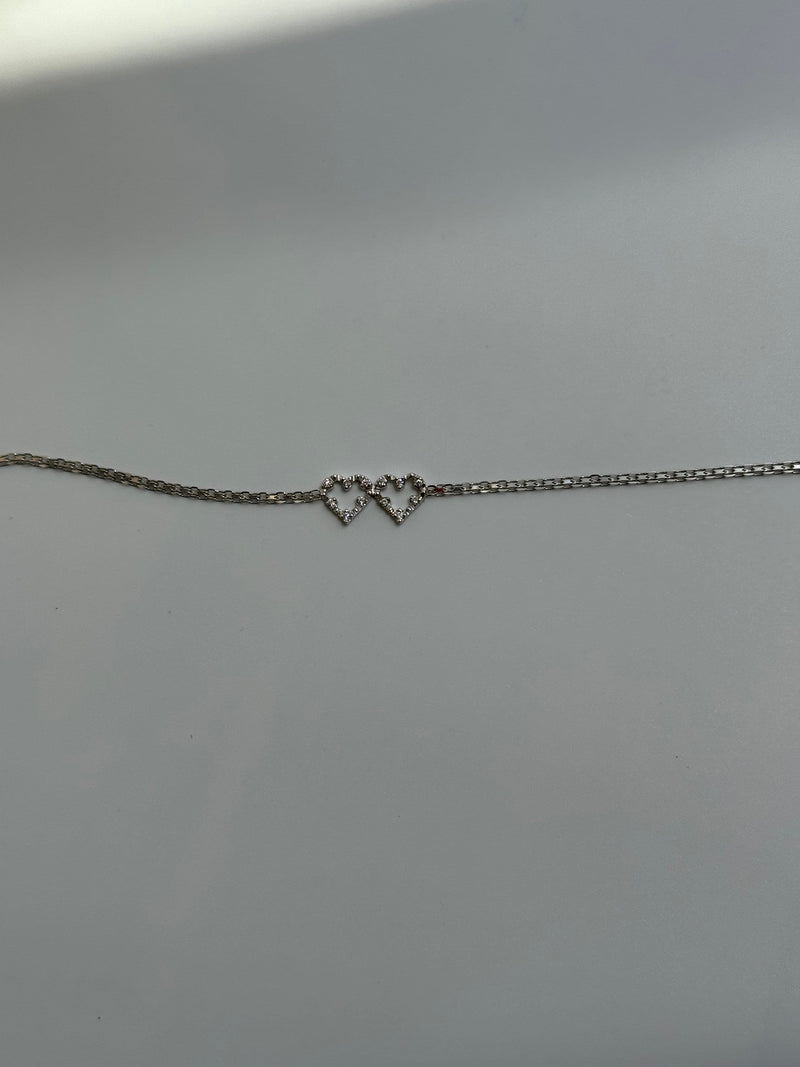 Vintage Estate Deadstock White Gold Double Heart Anklet in 14k and Diamonds