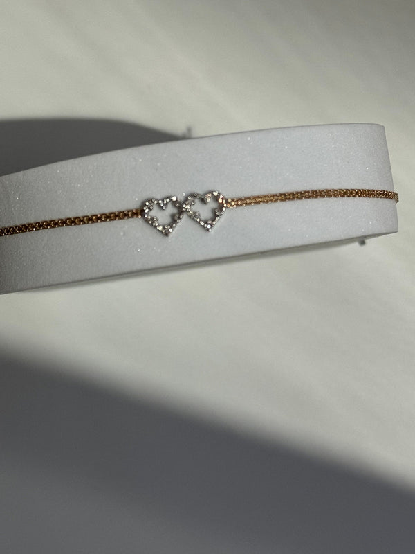 Vintage Estate Deadstock White & Yellow Gold Double Heart Anklet in 14k and Diamonds