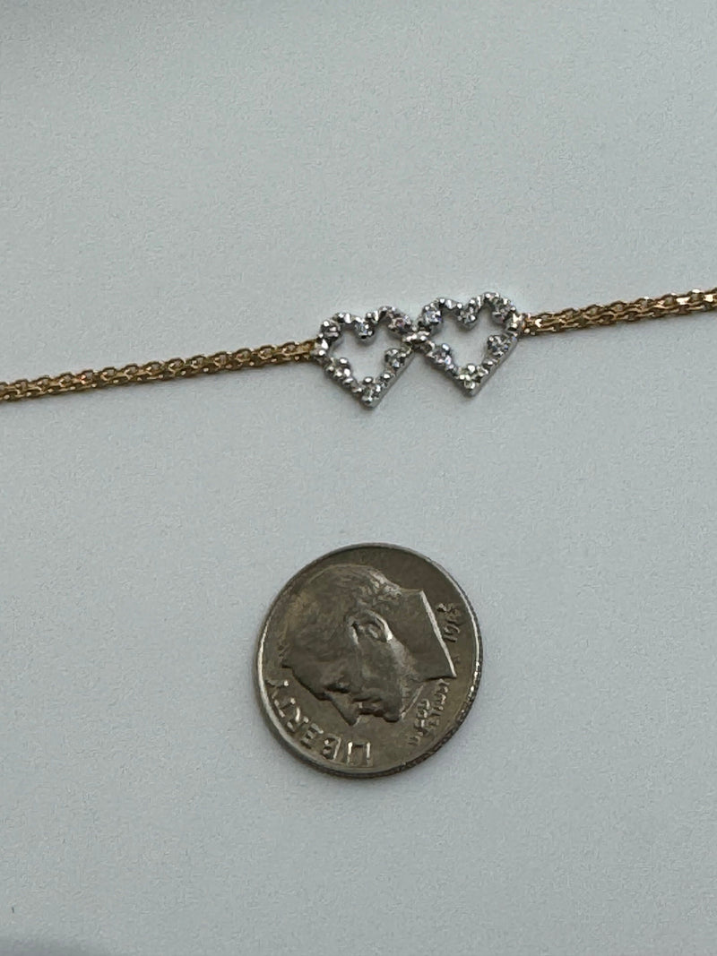 Vintage Estate Deadstock White & Yellow Gold Double Heart Anklet in 14k and Diamonds