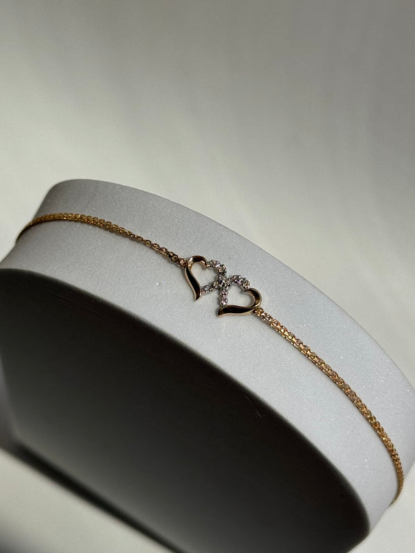 Vintage Estate Deadstock White Double Heart Anklet in 14k and Diamonds