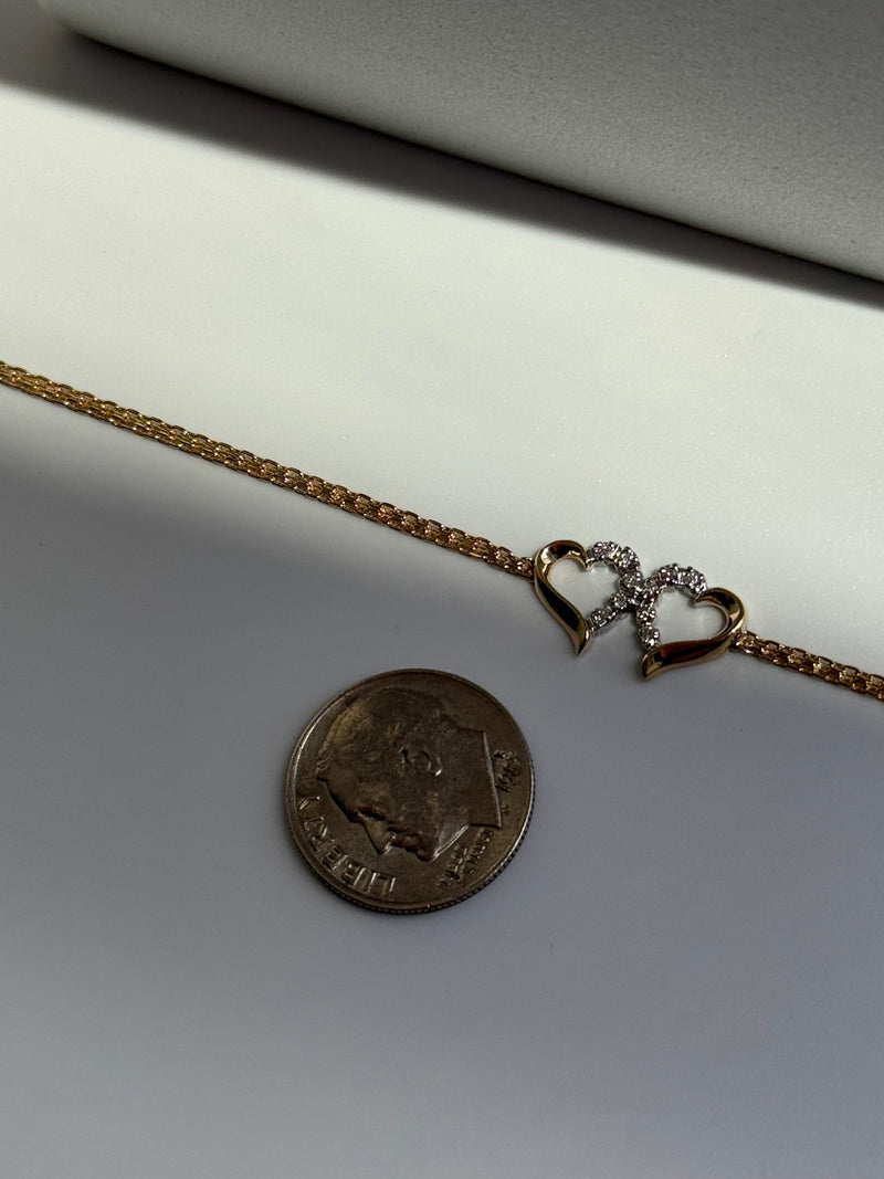 Vintage Estate Deadstock White Double Heart Anklet in 14k and Diamonds