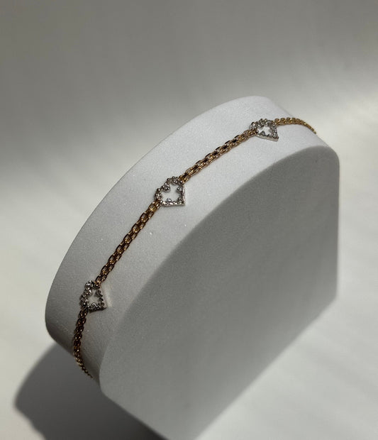 Vintage Estate Deadstock Triple Heart Anklet in 14k Gold and Diamonds
