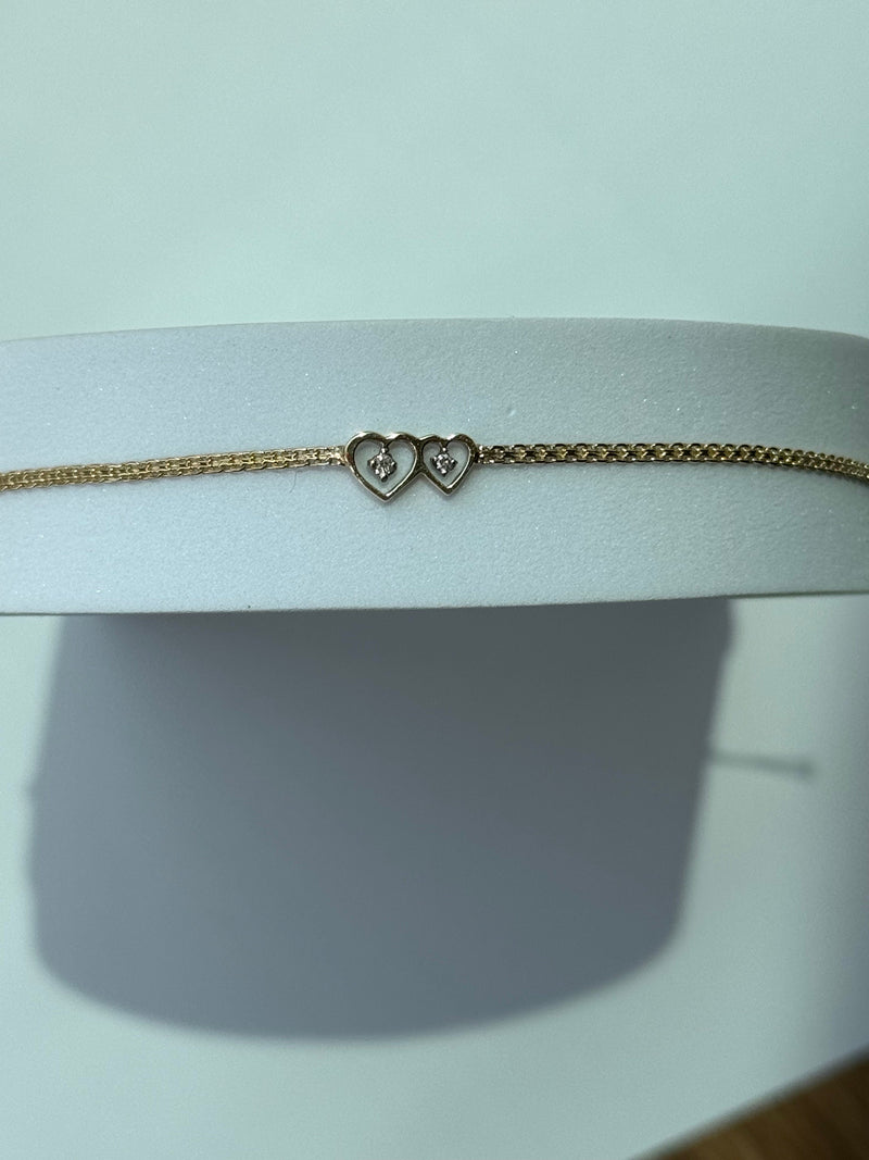 Vintage Estate Deadstock White Gold Two Hearts Anklet in 14k and Diamonds