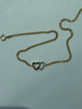 Vintage Estate Deadstock White & Yellow Gold Double Hearts Anklet in 14k and Diamonds