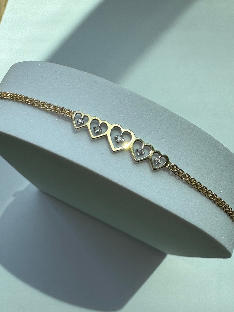 Vintage Estate Deadstock Five Hearts Anklet in 14k and Diamonds