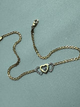 Vintage Estate Deadstock Trio Three Heart Anklet in 14k Gold and Diamonds