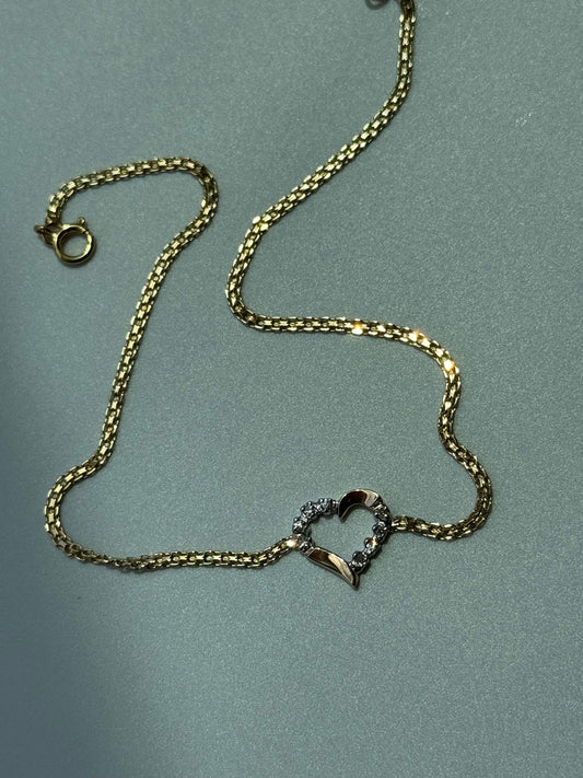 Vintage Estate Deadstock Diamond Heart Anklet in 14k Gold