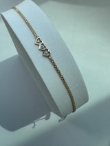 Vintage Estate Deadstock Tiny Four Heart Anklet in 14k Gold and Diamonds