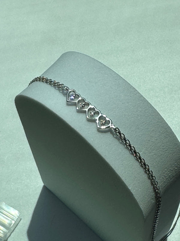 Vintage Estate Deadstock White Gold Four Tiby Hearts Anklet in 14k and Diamonds