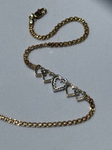 Vintage 1990 Deadstock Row of Hearts Anklet in 14k and Diamonds