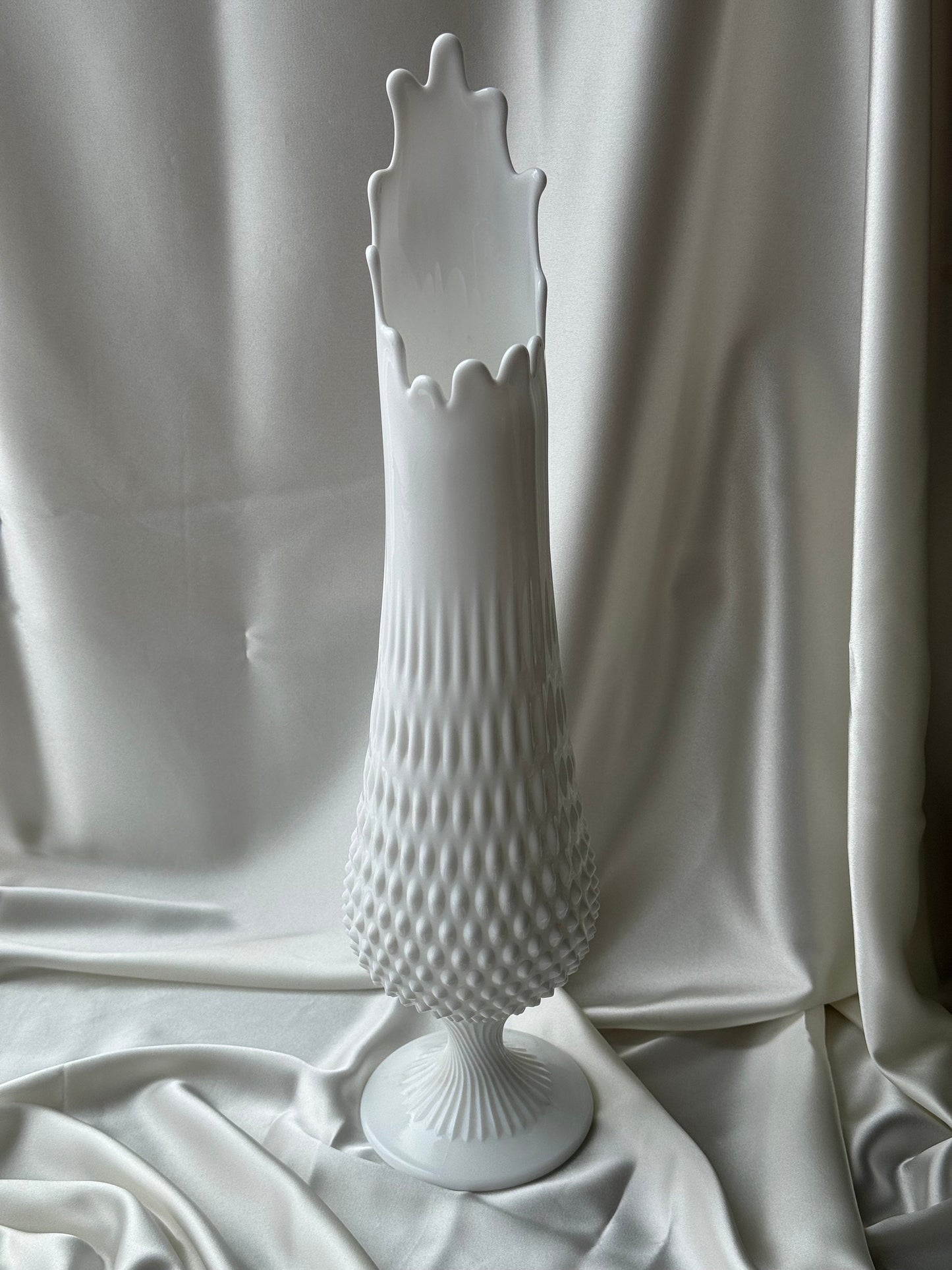 MCM Large Fenton Footed Hobnail Milkglass Wide Mouth Swung Vase 20”
